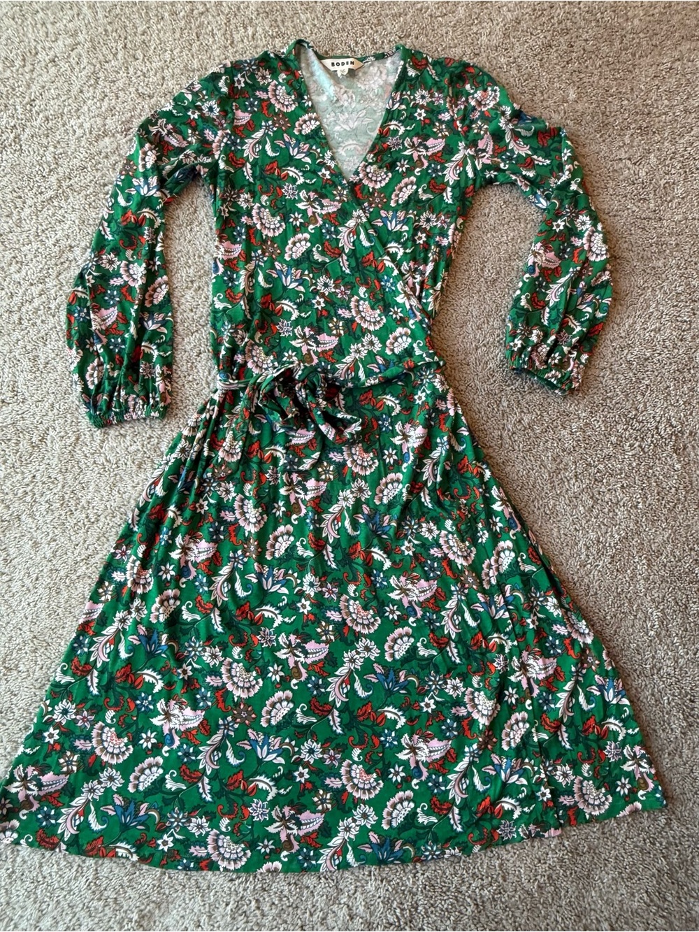 Boden Women Size SP Small Midi Wrap Dress Long Sleeve Green Red Pink Floral Knit